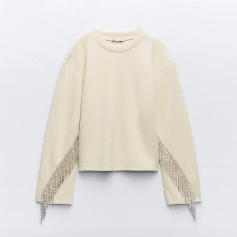 NWT ZARA RHINESTONE SOFT SWEATSHIRT ECRU